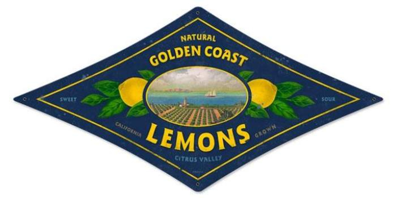 Retro Golden Coast Lemons Diamond Metal Sign 22 x 14 Inches