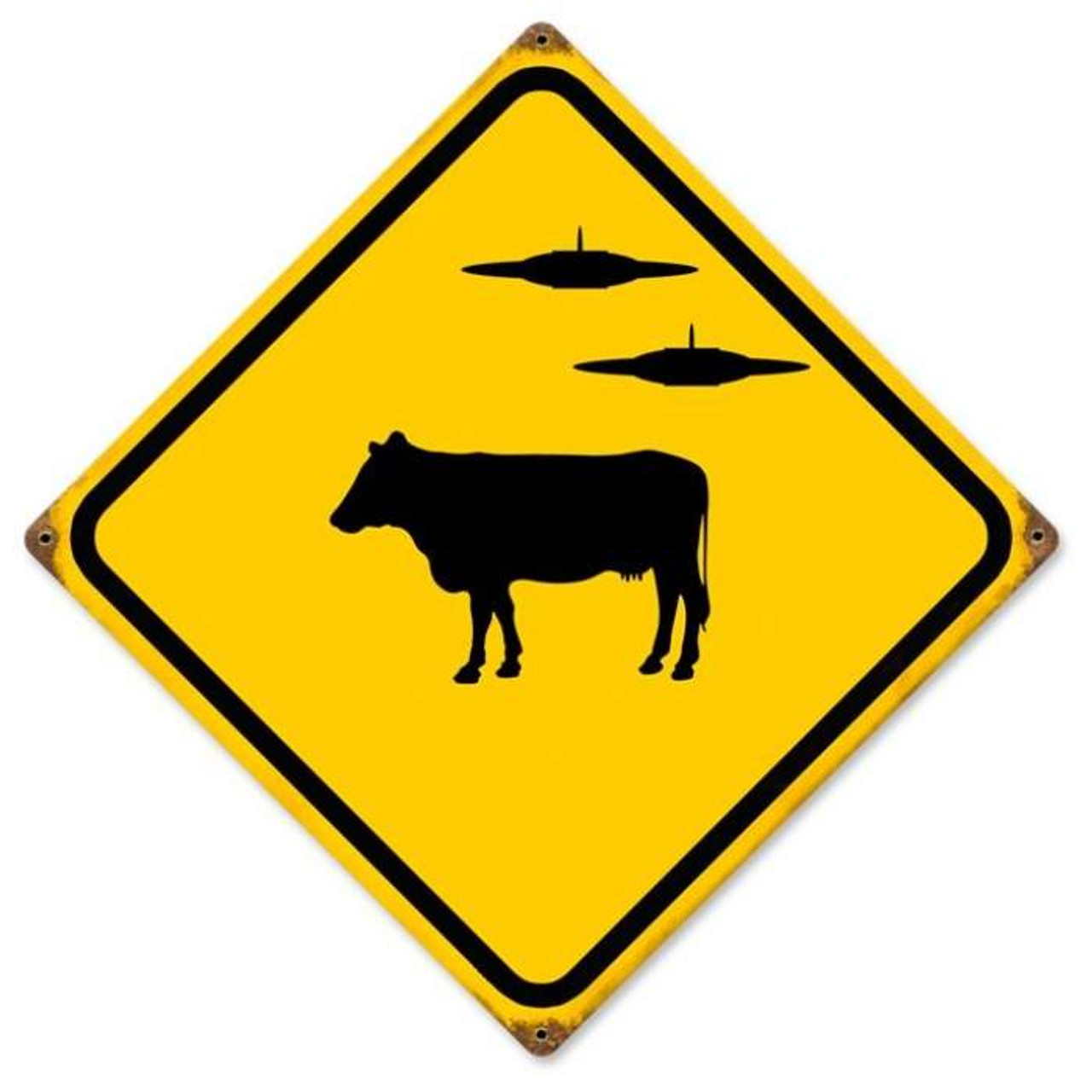 Vintage Cow UFO Metal Sign 12 x 12 Inches