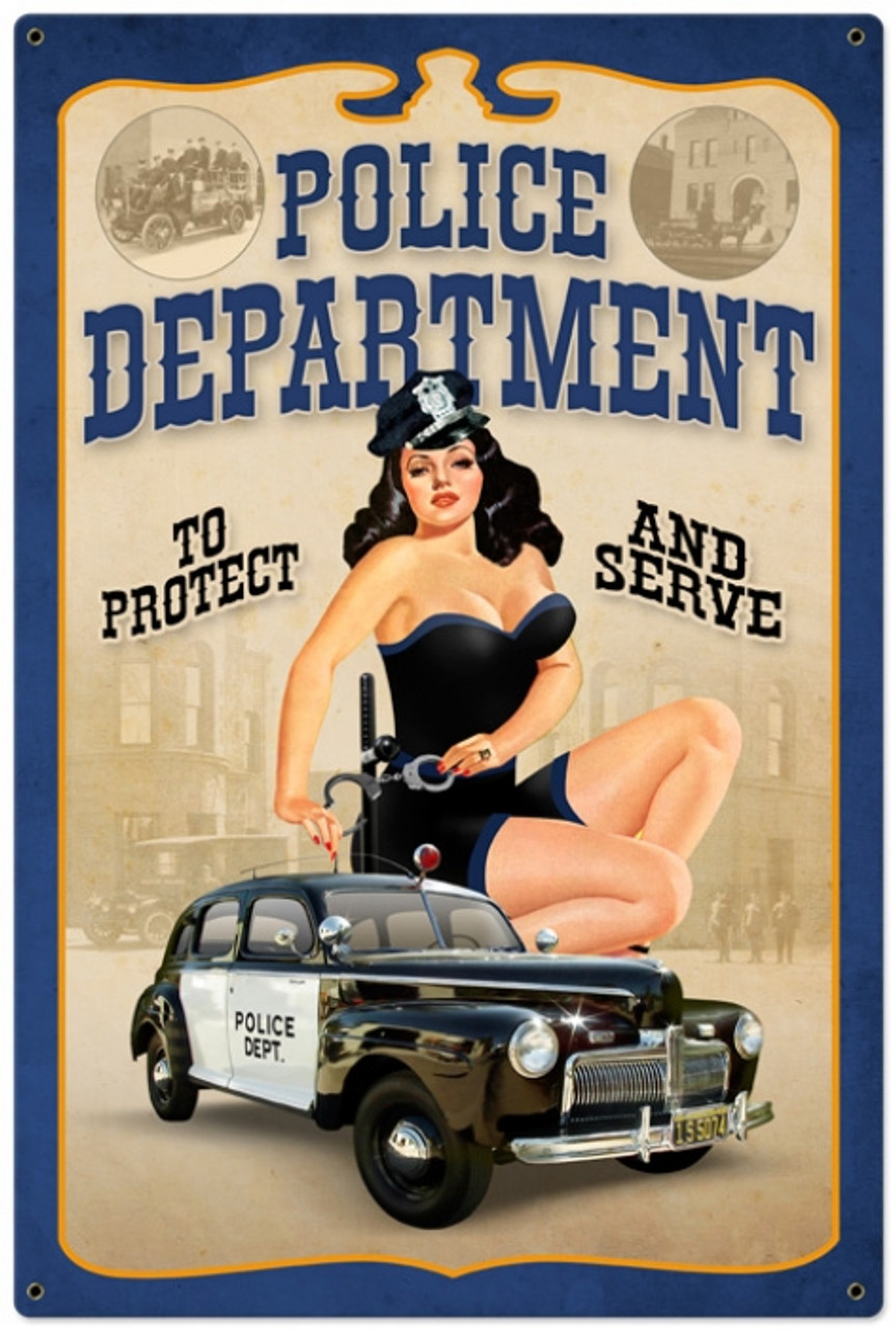 Retro Police Department Pinup  - Pin-Up Girl Metal Sign 24 x 36 Inches