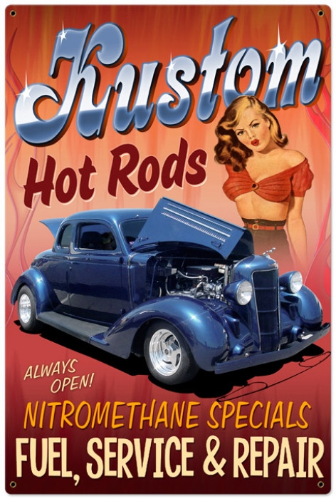 Retro Kustom Hot Rods Metal Sign 24×36 | Heavy Gauge Steel Garage