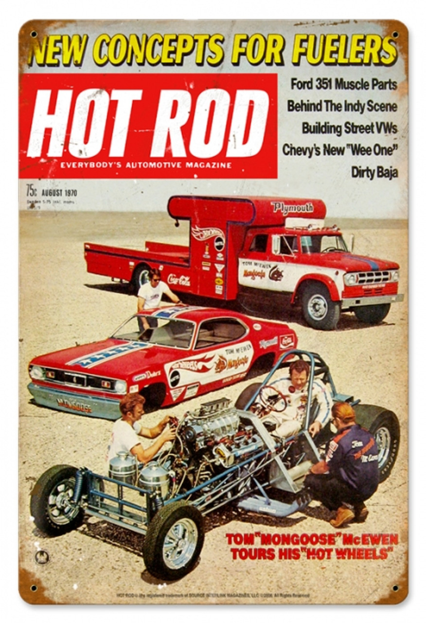 Vintage Hot Rod Magazine August 1970 Cover Metal Sign 12 x 18 Inches