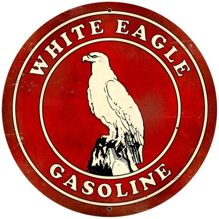 Vintage White Eagle Gasoline large round metal sign 28 inches with white eagle standing on rock, red background and cream gasoline lettering
