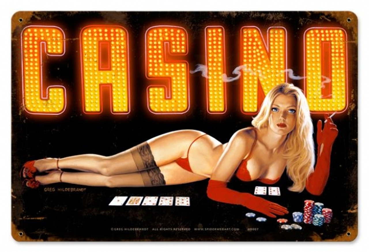 Retro Red Light Casino  - Pin-Up Girl Metal Sign  18 x 12 Inches