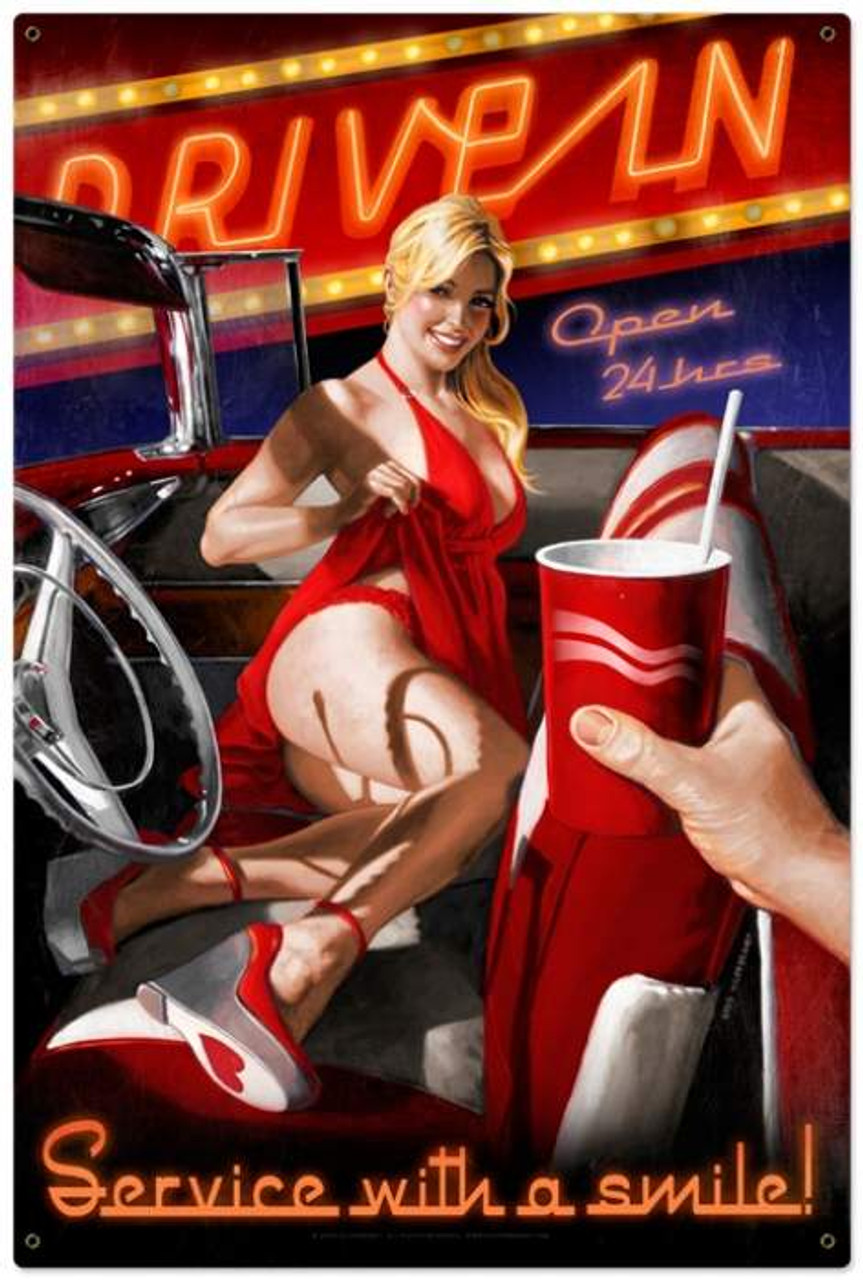 Retro Drive In  - Pin-Up Girl Metal Sign 24 x 36 Inches