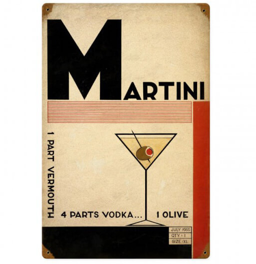 Retro Deco Martini Metal Sign 12 x 18 Inches