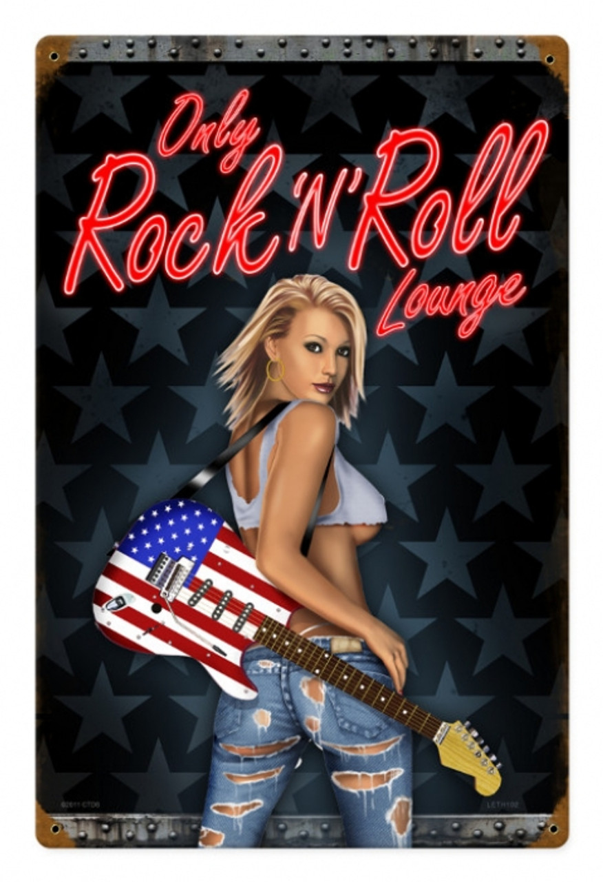 Retro American Rocker  - Pin-Up Girl Metal Sign 12 x 18 Inches
