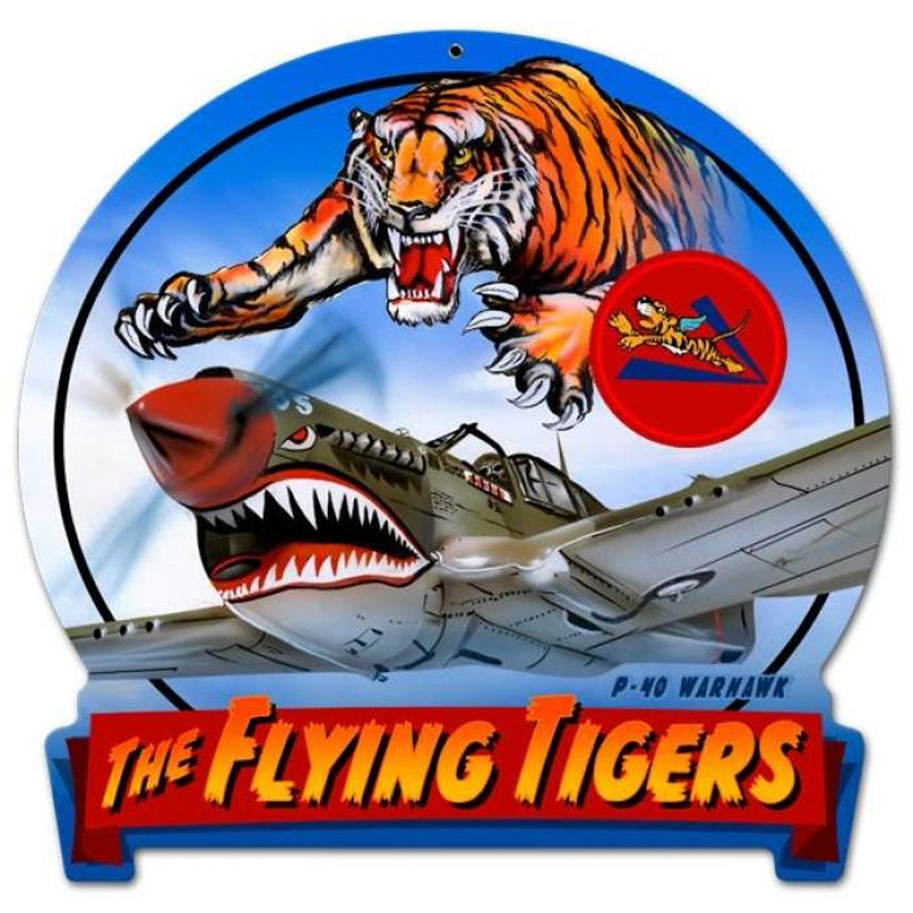 Retro Flying Tiger Round Banner Metal Sign 16 x 15 Inches