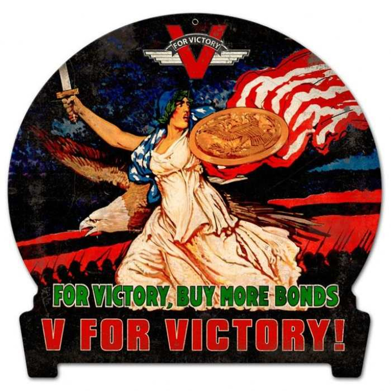 Retro V for Victory Round Banner Metal Sign 15 x 16 Inches