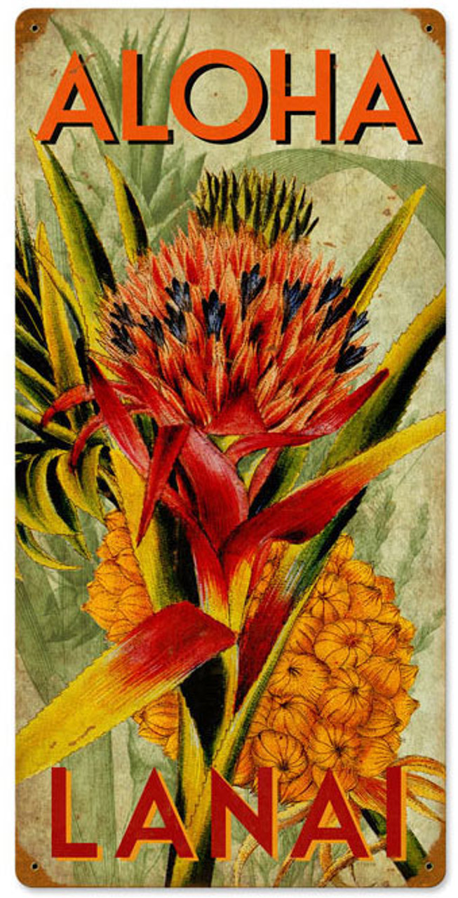 Vintage Aloha Pineapple Metal Sign  12 x 24 Inches