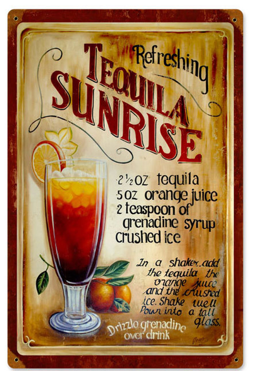Vintage Tequila Sunrise Metal Sign  12 x 18 Inches
