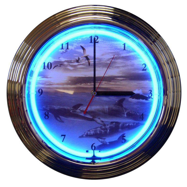 Retro Dolphins At Sea Neon Clock 15 X 15 Inches