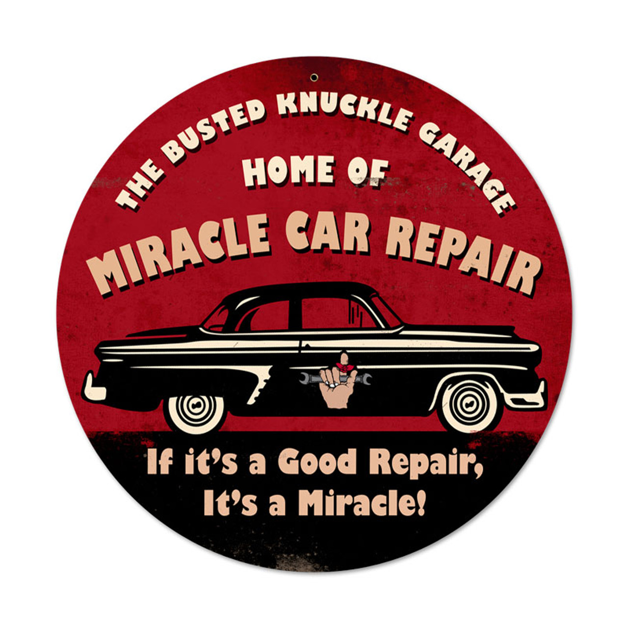 Retro Miracle Car Repair Round Metal Sign  14 x 14 Inches