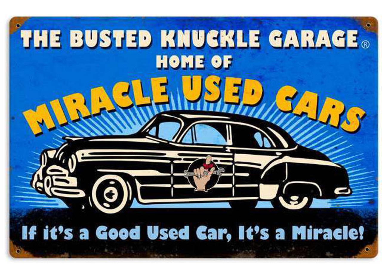 Retro Home Of Miracle Used Cars Metal Sign  18 x 12 Inches