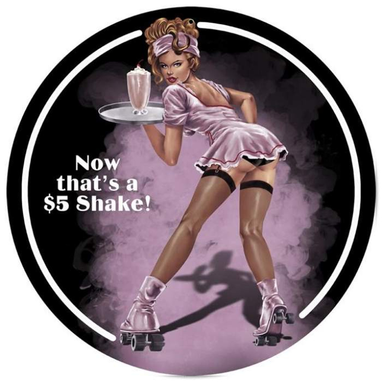 Vintage Shake Round  - Pin-Up Girl Metal Sign 14 x 14 Inches