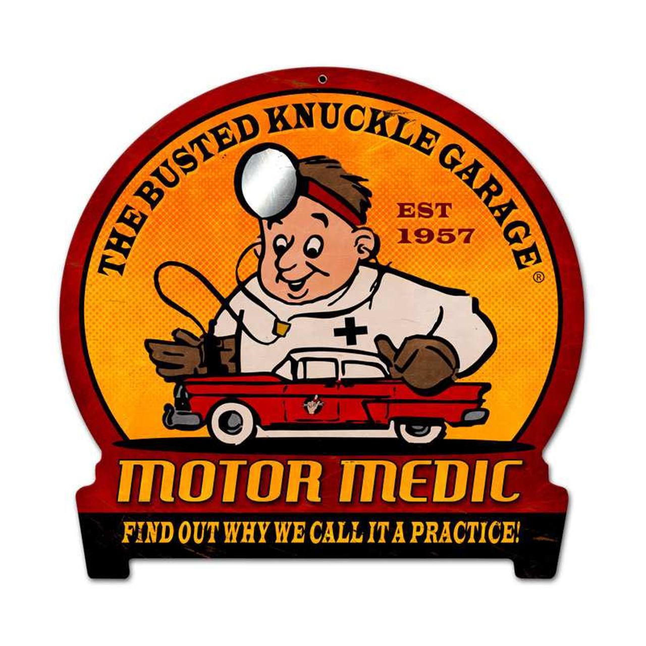 Retro Motor Medic Round Banner Metal Sign 15 x 16 Inches