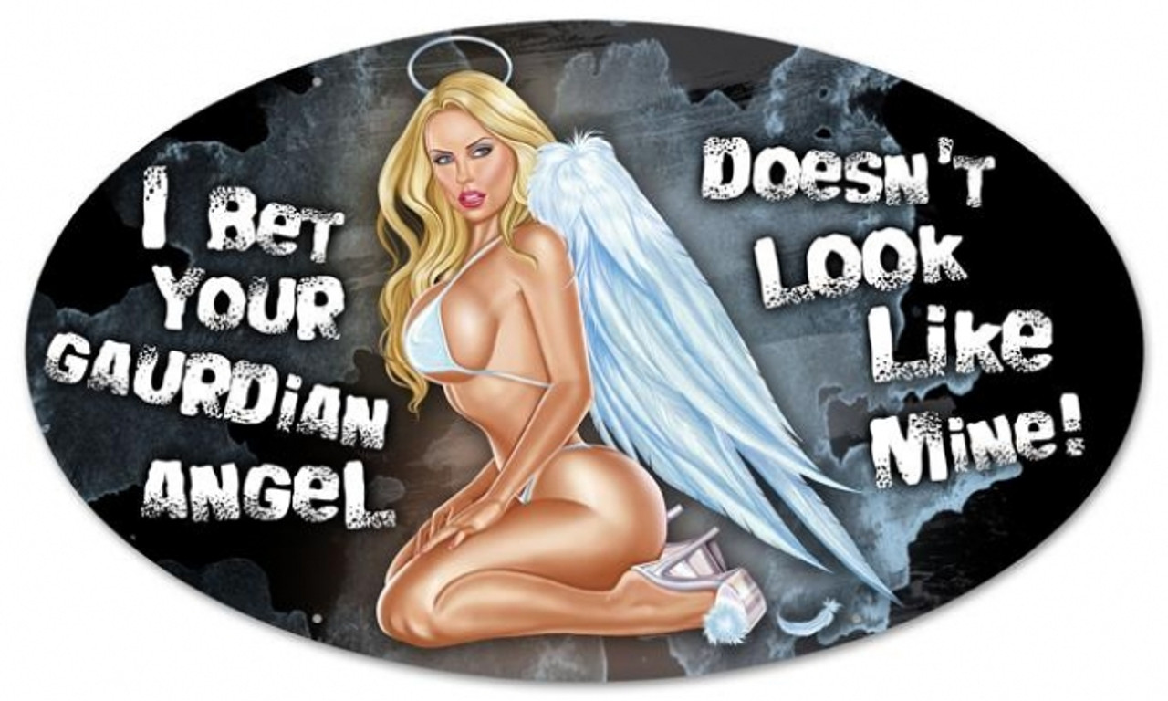 Vintage Guardian Angel Oval  - Pin-Up Girl Metal Sign 14 x 24 Inches