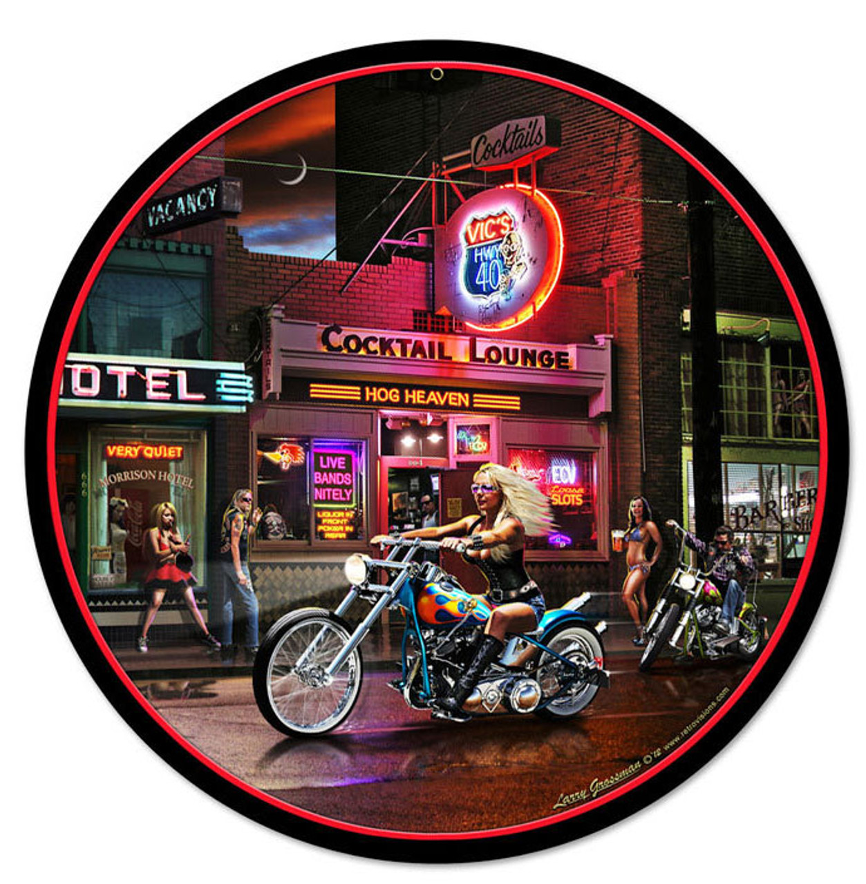 Retro Biker Bar Round Metal Sign 14 x 14 Inches