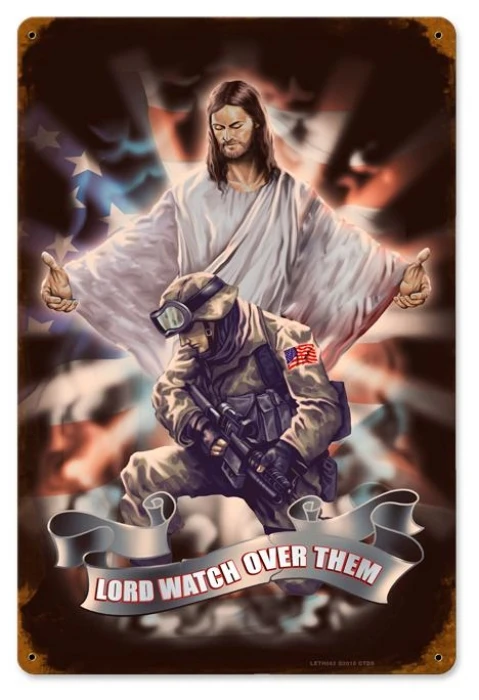 Lord Watch Over Them 12x18 metal sign showing Jesus with outstretched arms protecting a kneeling American soldier with an American flag in the background