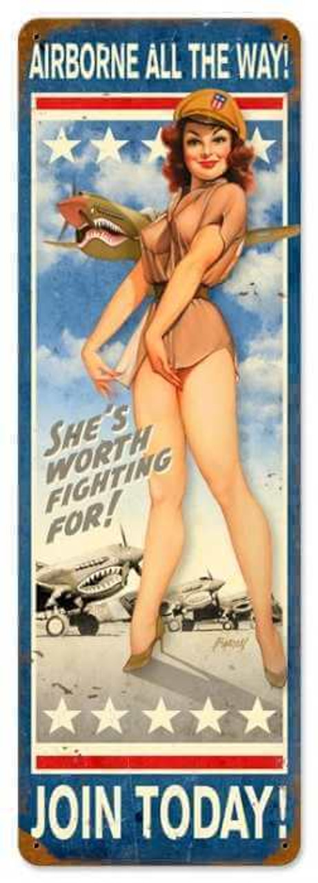 Retro Airborne All The Way - Pin-Up Girls Metal Sign 24 x 8 Inches