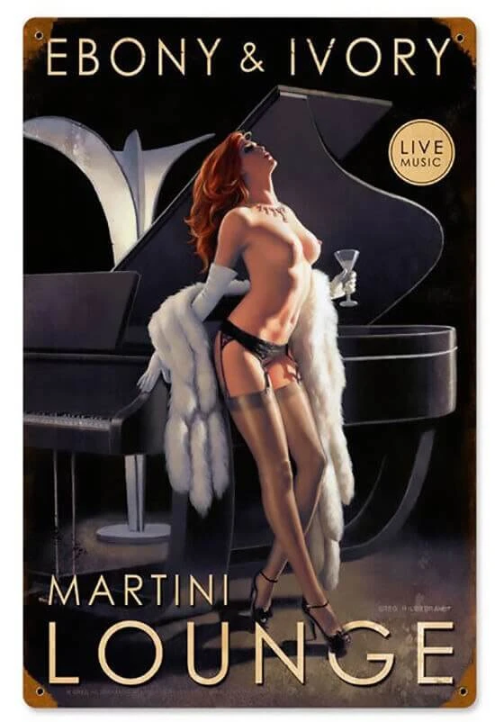 Ebony and Ivory Pinup Metal Sign 12x18 featuring red-haired woman in black lingerie beside black grand piano with white fur stole and Martini Lounge lettering.