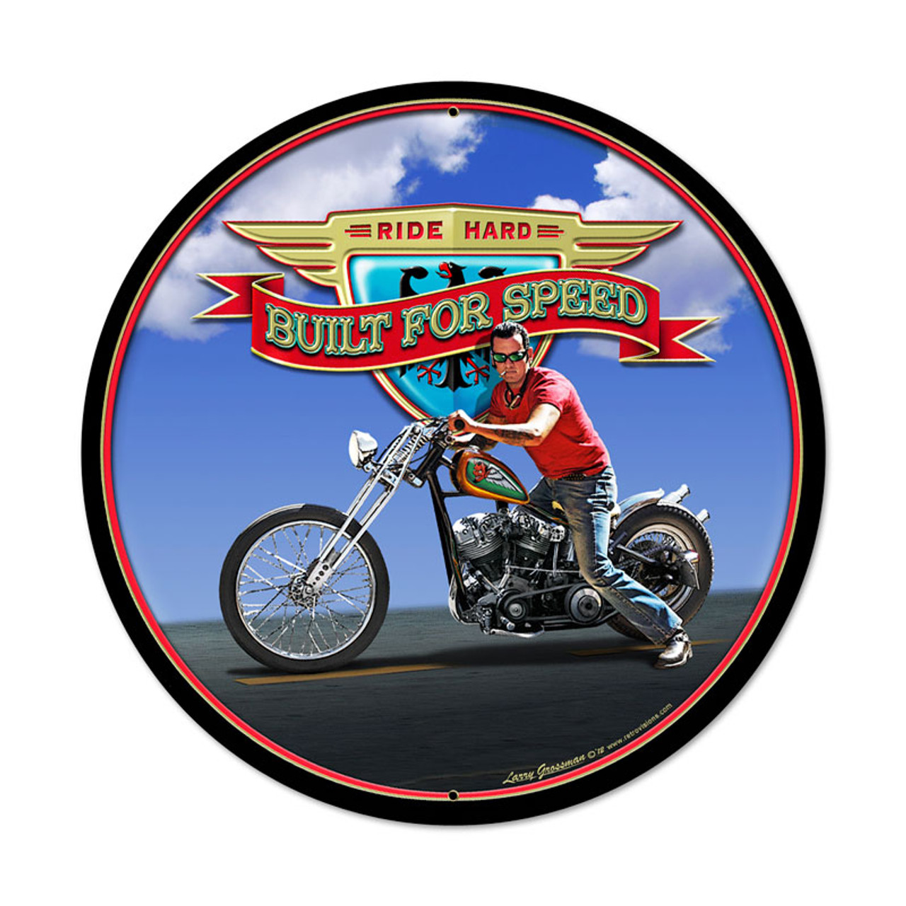 Retro Ride Hard Round Metal Sign 28 x 28 Inches