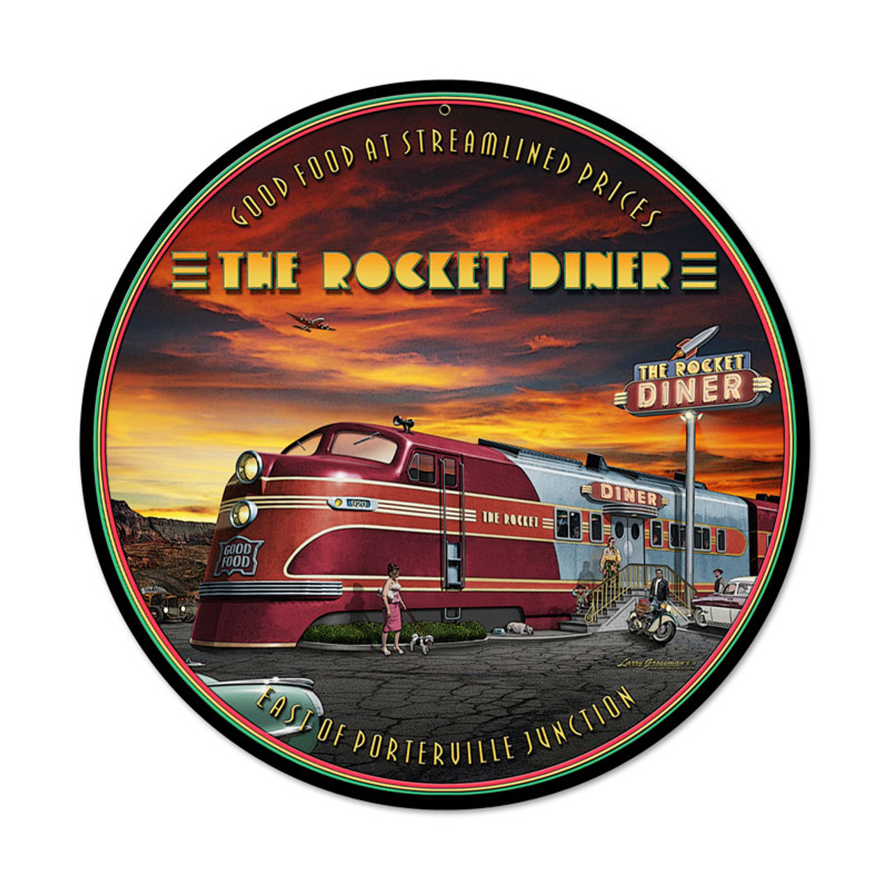 Retro Rocket Diner Round Metal Sign 14 x 14 Inches