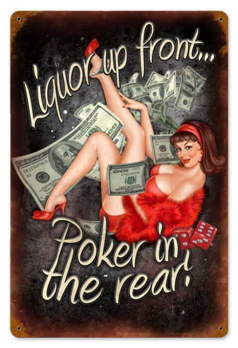 Vintage Poker In The Rear  - Pin-Up Girl Metal Sign 12 x 18 Inches
