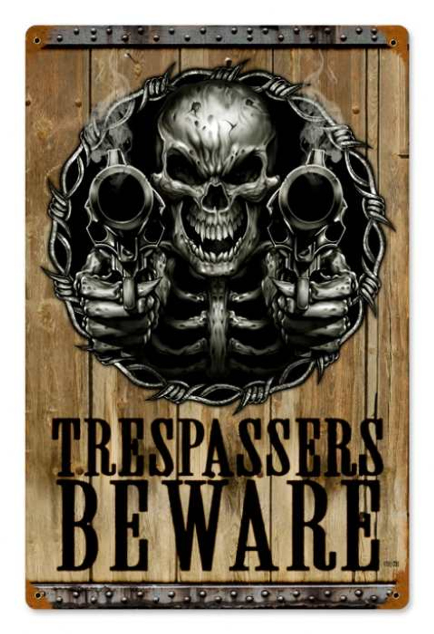 Vintage Trespassers Beware Metal Sign 12 x 18 Inches