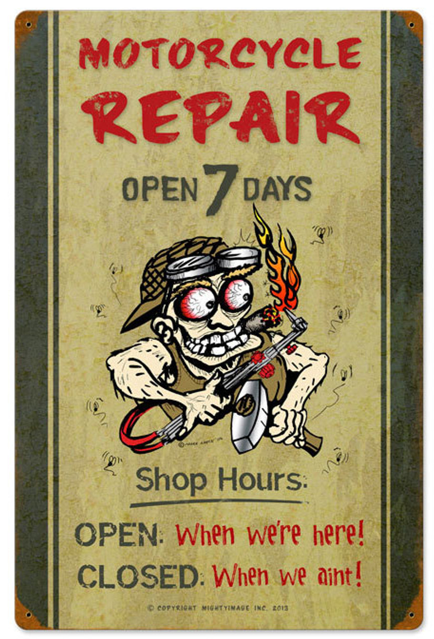 Motorcycle Repair Shop Hours Vintage Metal Sign 16 x 24 Inches