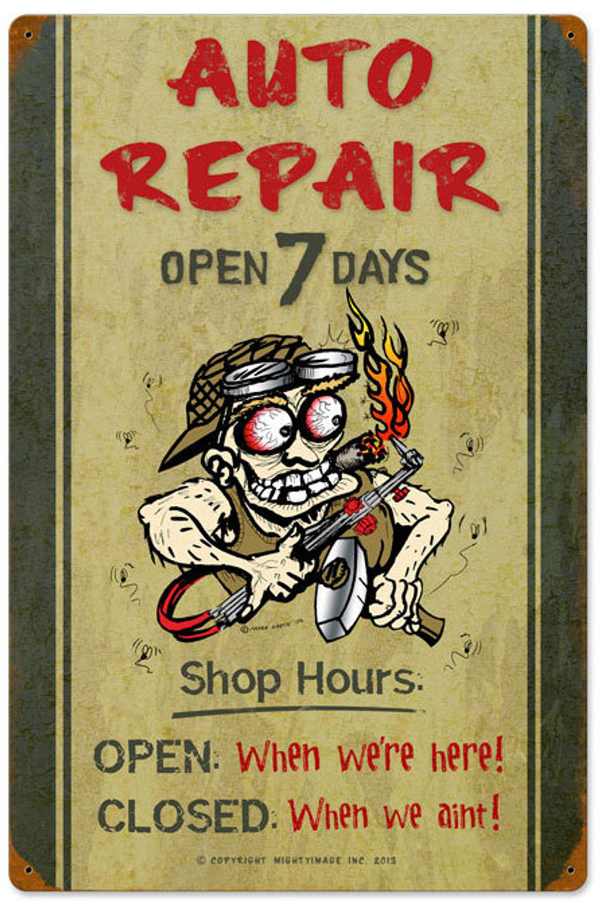 Auto Repair Shop Hours Vintage Metal Sign 16 x 24 Inches