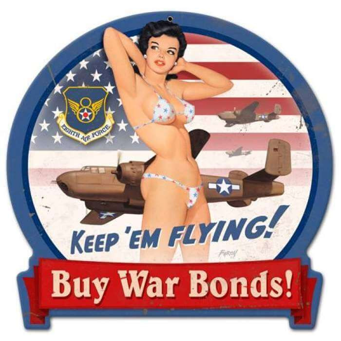Retro B-25 War Bonds Round Banner  - Pin-Up Girl Metal Sign 16 x 15 Inches
