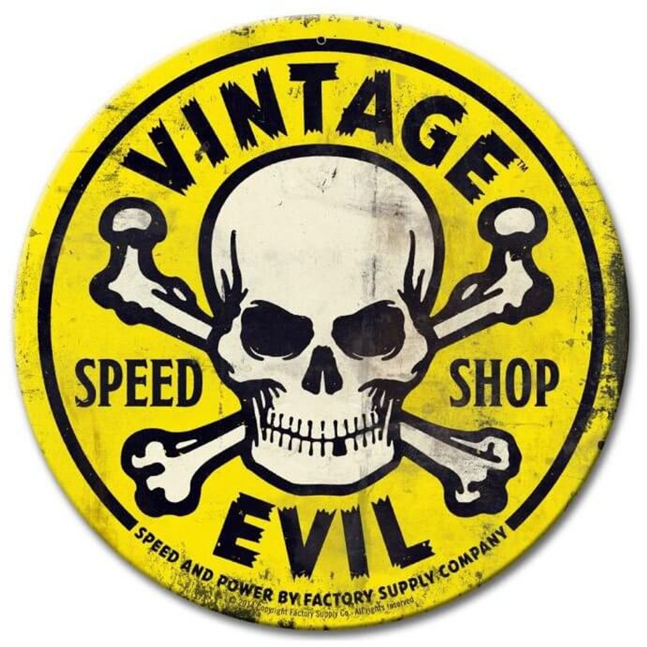 Vintage Evil Speed Shop Round Yellow Metal Sign 14 x 14 Inches