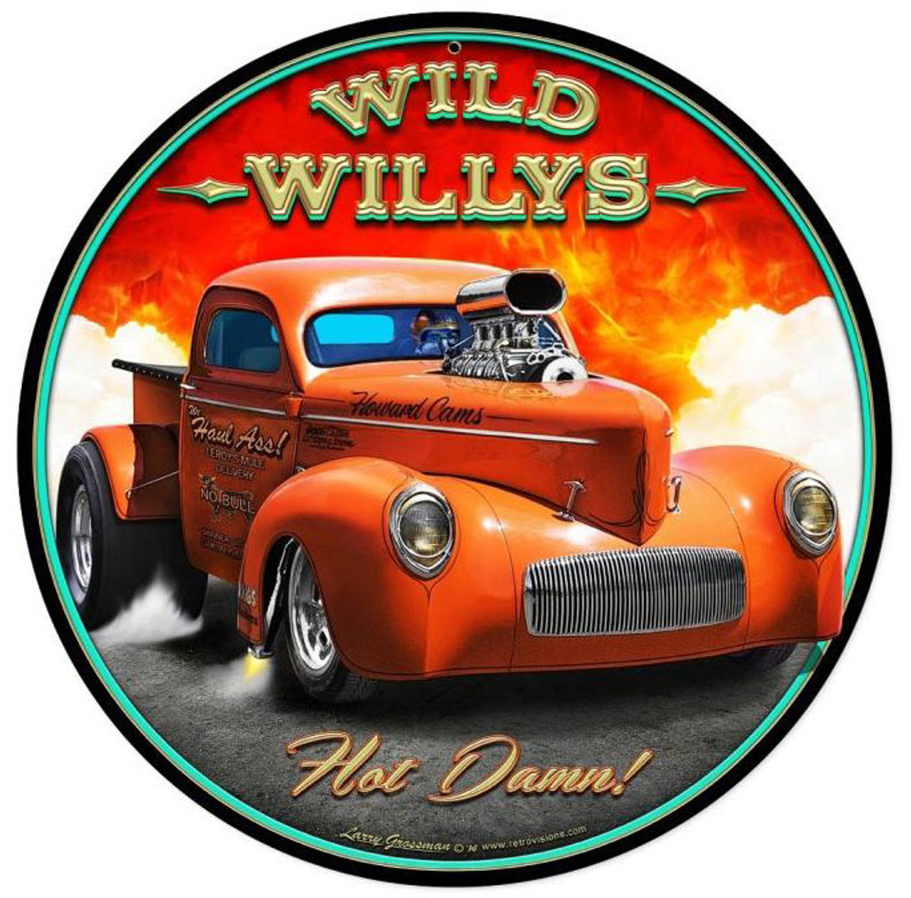 Wild Willys Hot Damn Hot Rod Metal   Round Metal Sign 14 x 14 Inches