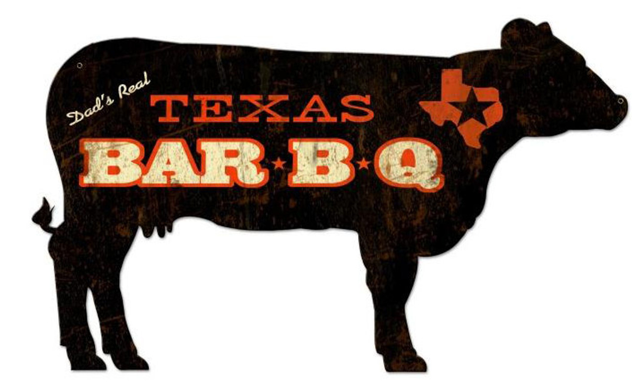 Texas BBQ Cow Custom Shape Metal Sign 28 x 16 Inches