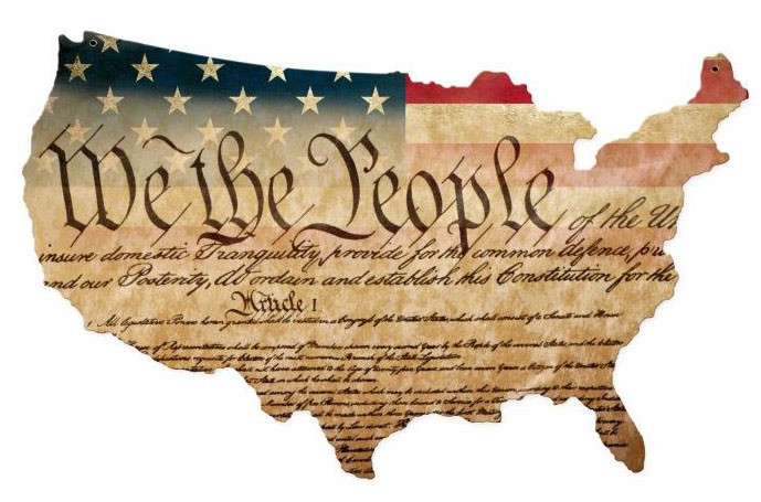25x16 Constitution USA custom-cut metal sign with We the People calligraphy, antique parchment, handwritten Constitution text and distressed American flag