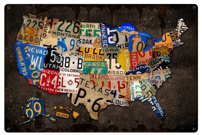 USA license plate map metal sign with colorful vintage state registration plate designs on a dark distressed wood-look background, including Alaska and Hawaii