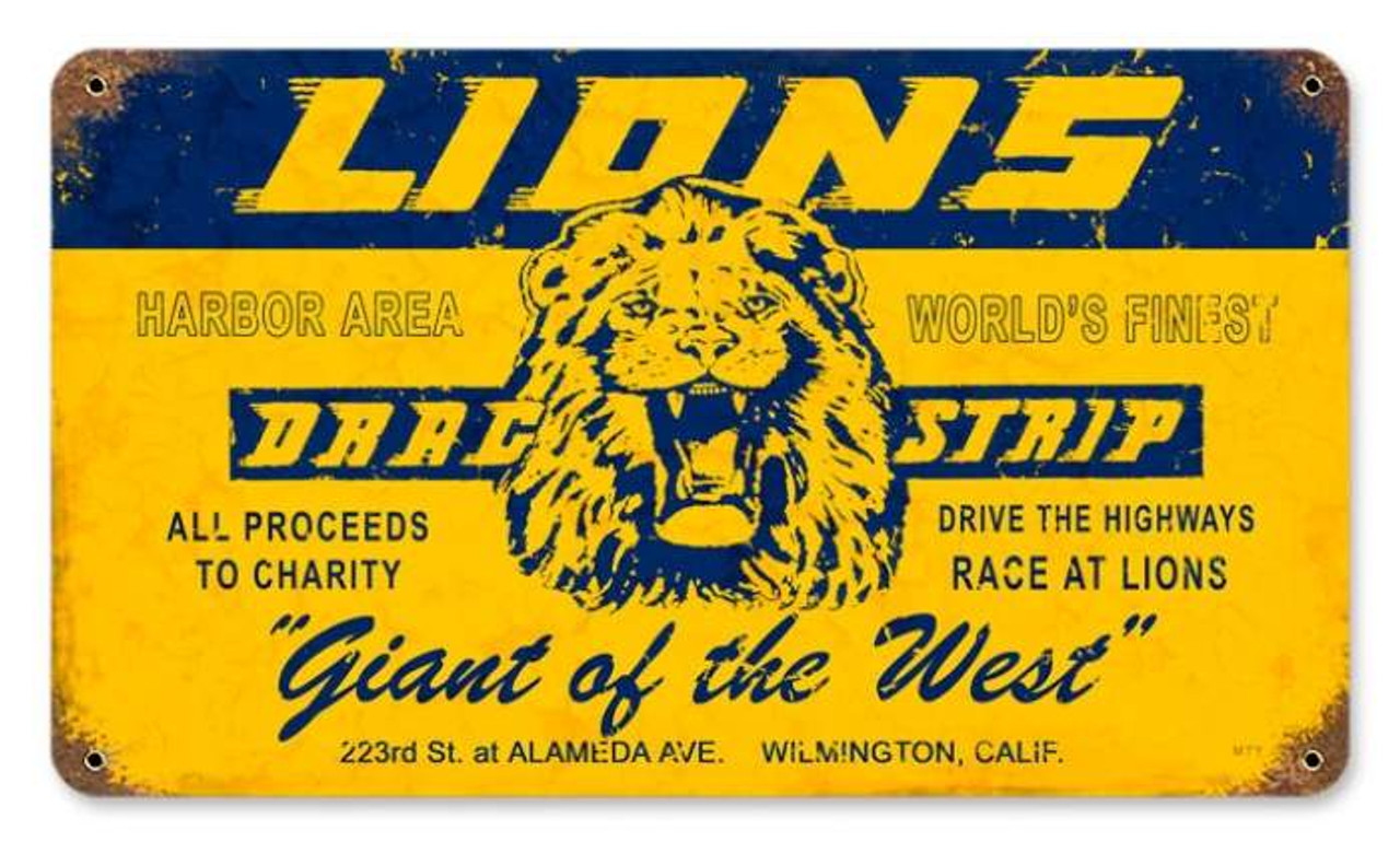 Vintage Lions Drag Strip Metal Sign  14 x 8 Inches