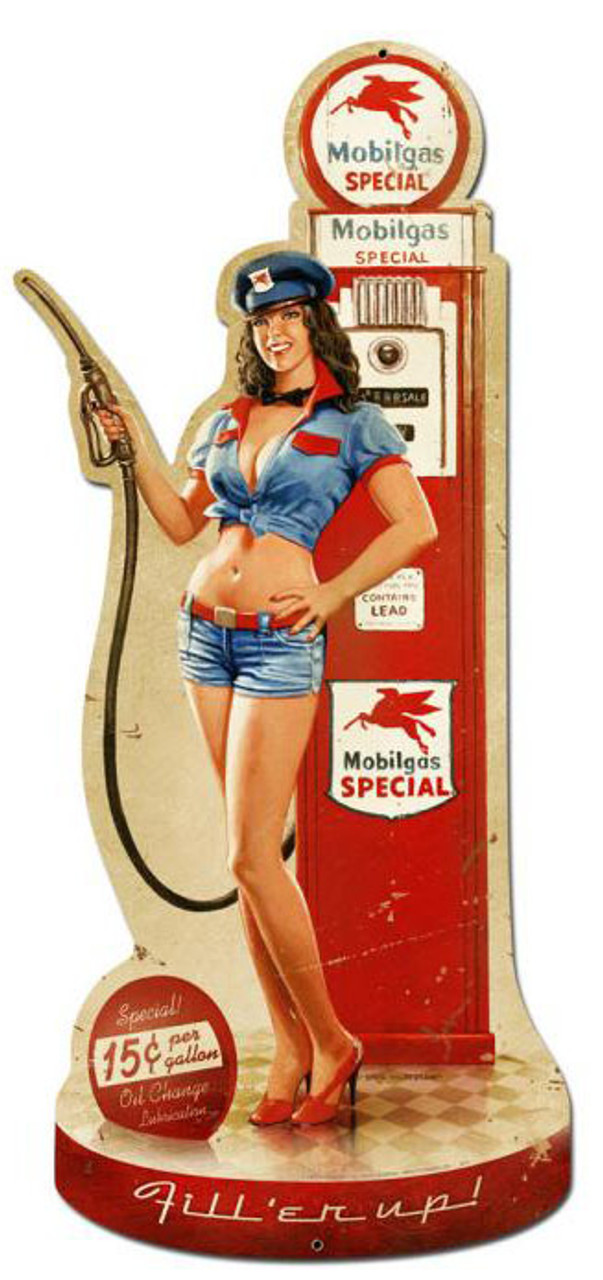 Gas Pump Girl Retro Custom Shape Metal Sign 17 x 36 Inches