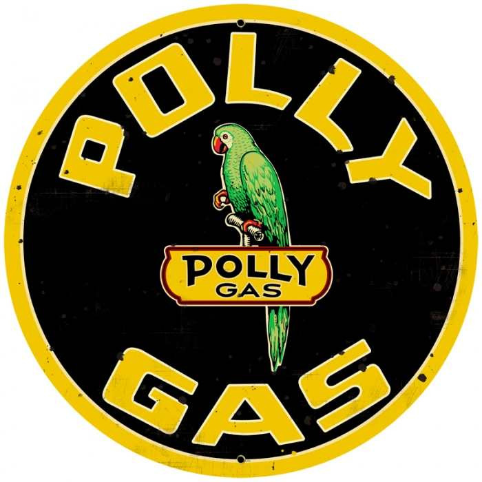 Vintage Polly Gas parrot round metal sign 28 inches with green parrot, yellow lettering and black background, made in USA