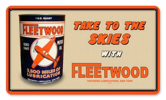 Fleetwood Motor Oil metal sign 14 x 8 inches showing vintage black oil can with orange propeller airplane and Take to the Skies slogan