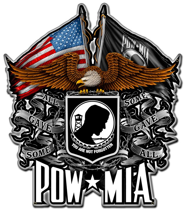 16x20 POW MIA Eagle custom shape metal sign with brown spread-wing eagle, American and POW MIA flags, central You Are Not Forgotten emblem and All Gave Some Some Gave All ribbons