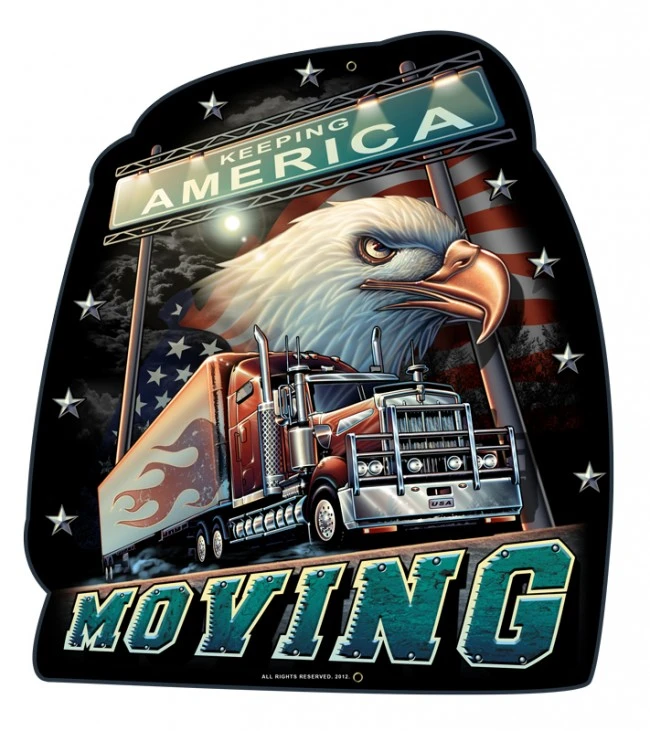 Truckers America Moving metal sign with bald eagle, copper-red semi truck, distressed American flag, silver stars and Keeping America Moving lettering, 14 x 16 inches