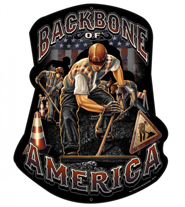American Labor Worker metal sign with hard-hat construction worker, distressed American flag, roadwork equipment and Backbone of America lettering, 14 x 18 inches