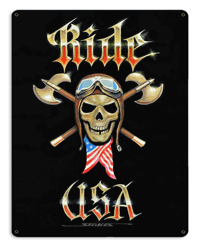 Ride USA metal sign with grinning skull wearing aviator helmet and blue goggles, crossed double-headed axes, American flag scarf and Gothic lettering, 12 x 15 inches