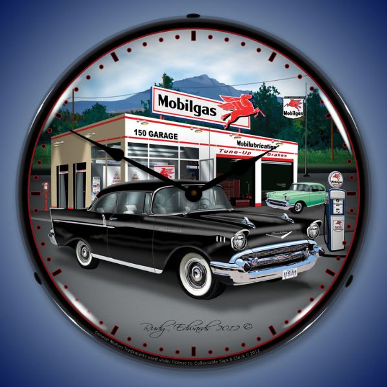 1957 Chevy Mobilgas Lighted Wall Clock 14 x 14 Inches