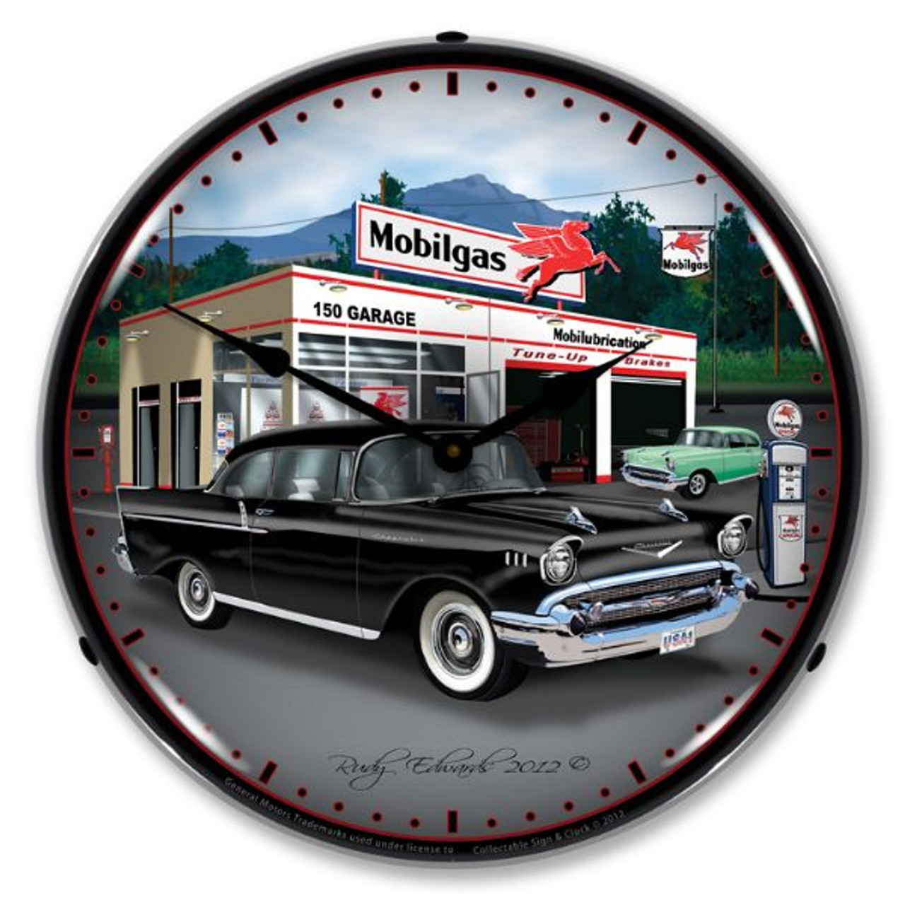 1957 Chevy Mobilgas Lighted Wall Clock 14 x 14 Inches