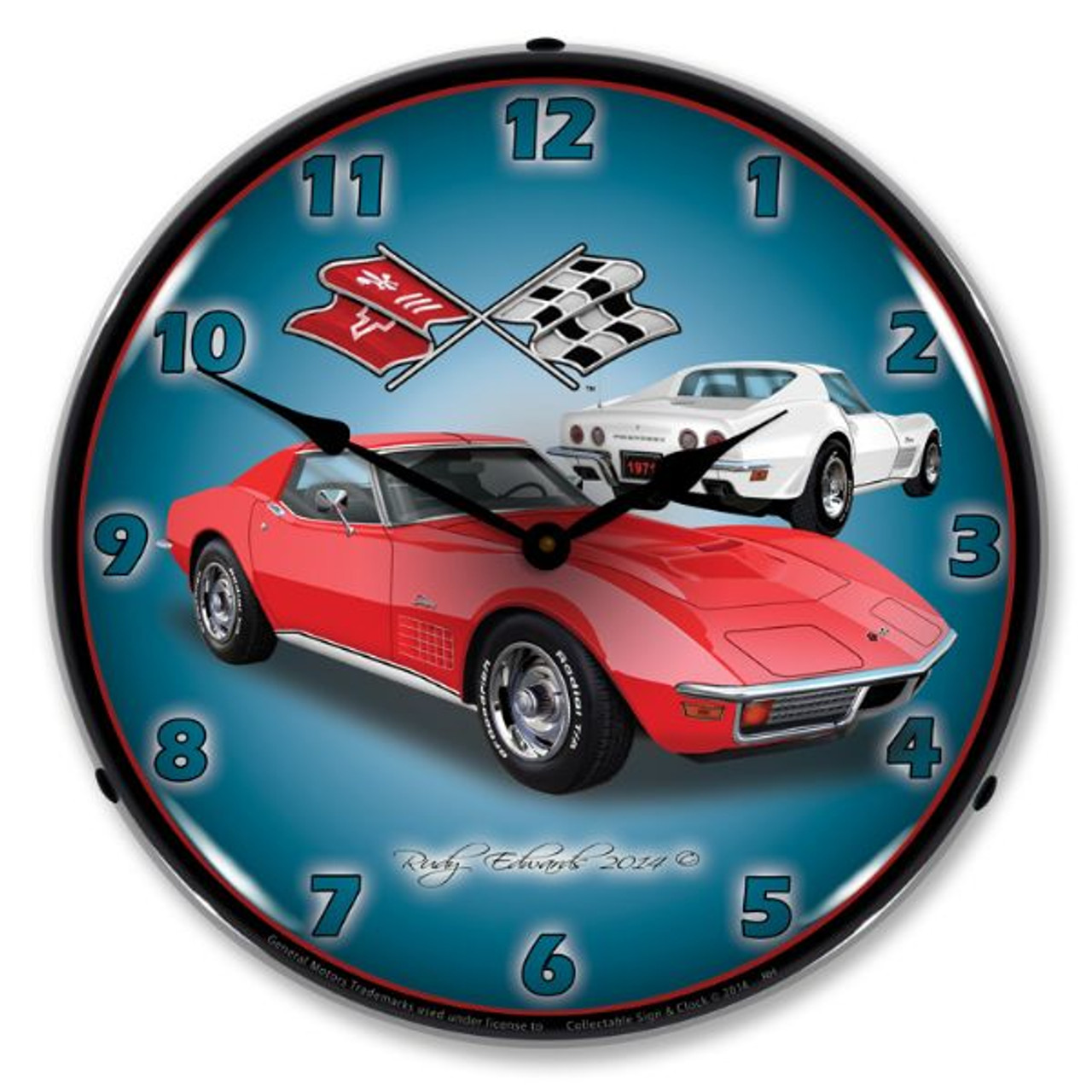 1971 Corvette Stingray Red Lighted Wall Clock 14 x 14 Inches