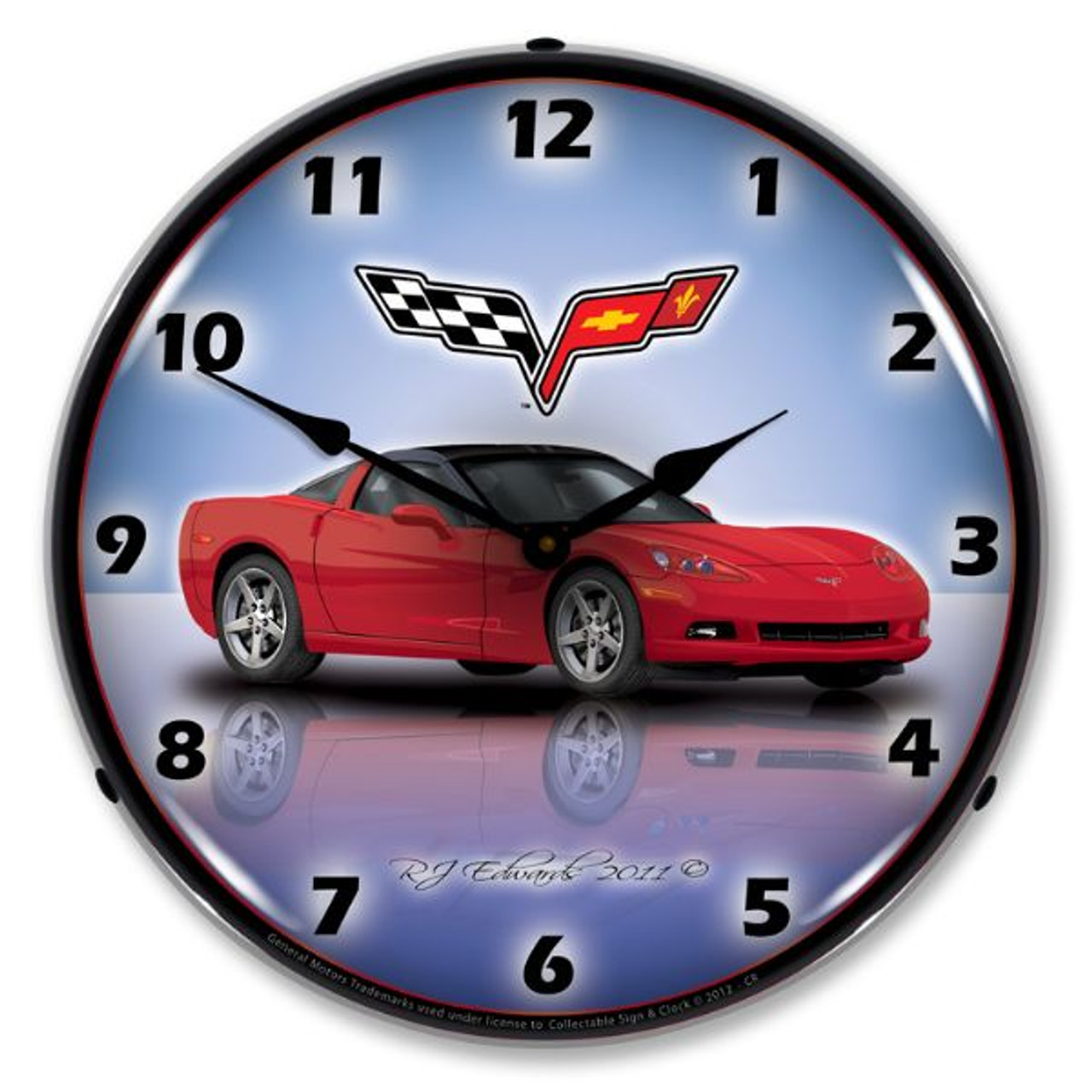 C6 Corvette Crystal Red Lighted Wall Clock 14 x 14 Inches