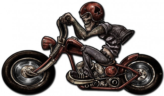 Skull Biker Metal Sign 24 x 14 Inches