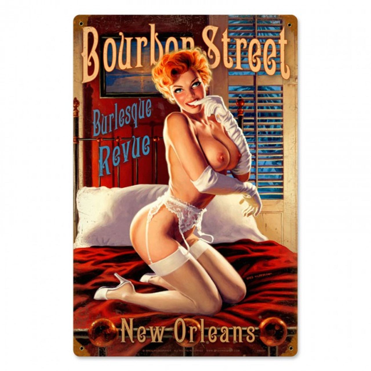 Bourbon Street Pinup Girl Metal Sign 12 x 18 Inches